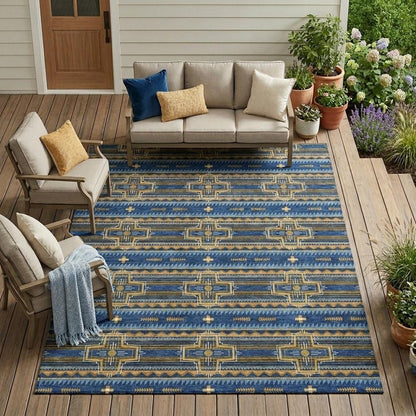 8' X 10' Navy Blue And Coral Tribal Washable Indoor Outdoor Area Rug HomeRoots