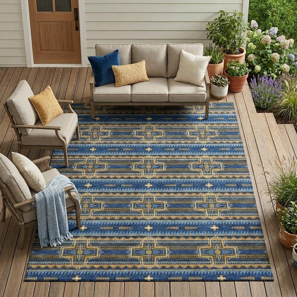 8' X 10' Navy Blue And Coral Tribal Washable Indoor Outdoor Area Rug