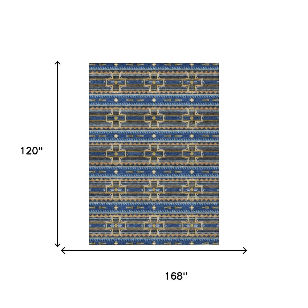 10' X 14' Navy Blue And Coral Tribal Washable Indoor Outdoor Area Rug — view 6