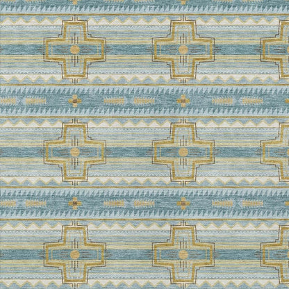 5' X 8' Teal Blue And Gold Tribal Washable Indoor Outdoor Area Rug
