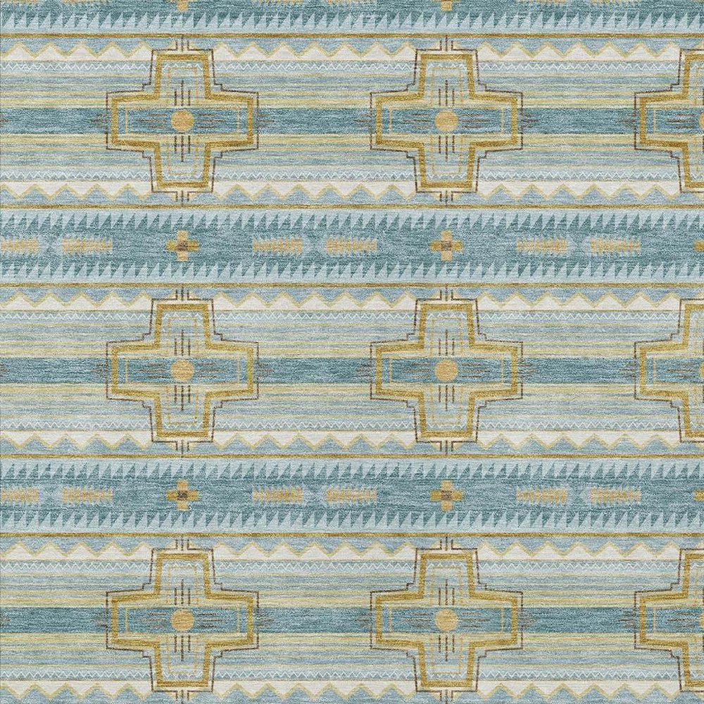 5' X 8' Teal Blue And Gold Tribal Washable Indoor Outdoor Area Rug — view 4