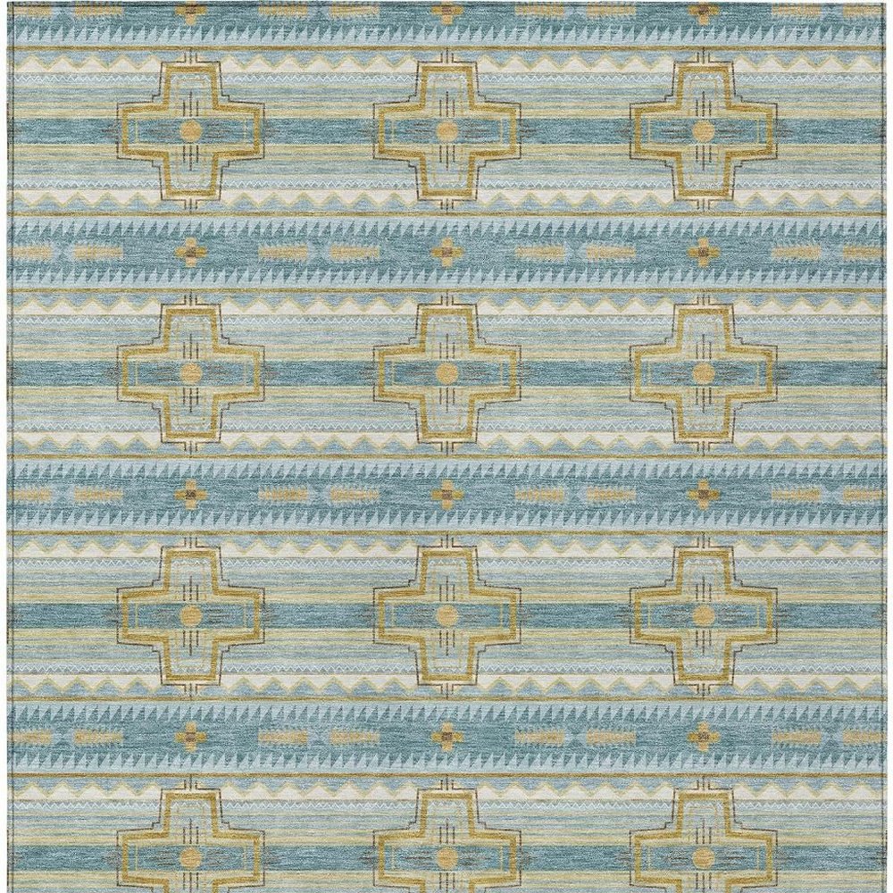 5' X 8' Teal Blue And Gold Tribal Washable Indoor Outdoor Area Rug — view 5