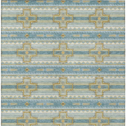 5' X 8' Teal Blue And Gold Tribal Washable Indoor Outdoor Area Rug HomeRoots