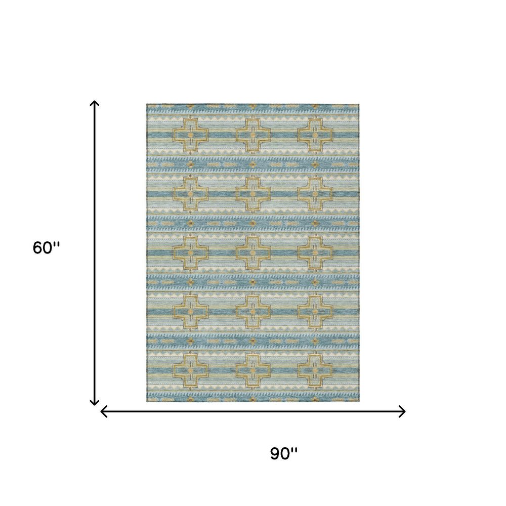 5' X 8' Teal Blue And Gold Tribal Washable Indoor Outdoor Area Rug