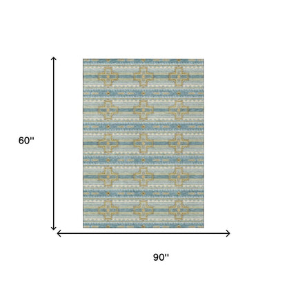 5' X 8' Teal Blue And Gold Tribal Washable Indoor Outdoor Area Rug HomeRoots