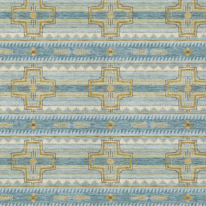 5' X 8' Teal Blue And Gold Tribal Washable Indoor Outdoor Area Rug