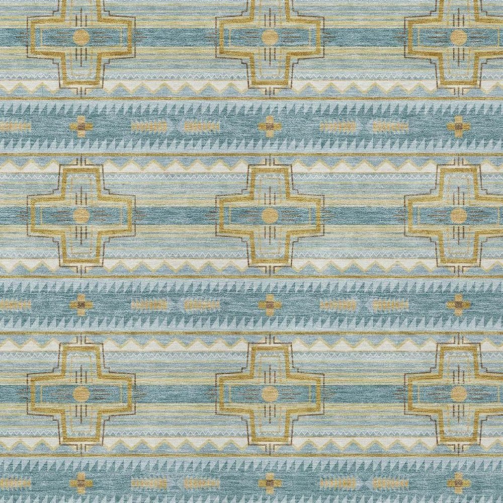 5' X 8' Teal Blue And Gold Tribal Washable Indoor Outdoor Area Rug — view 8
