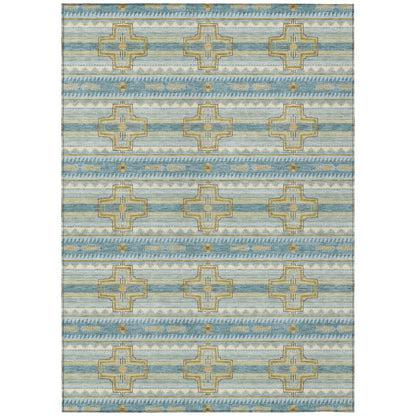 5' X 8' Teal Blue And Gold Tribal Washable Indoor Outdoor Area Rug