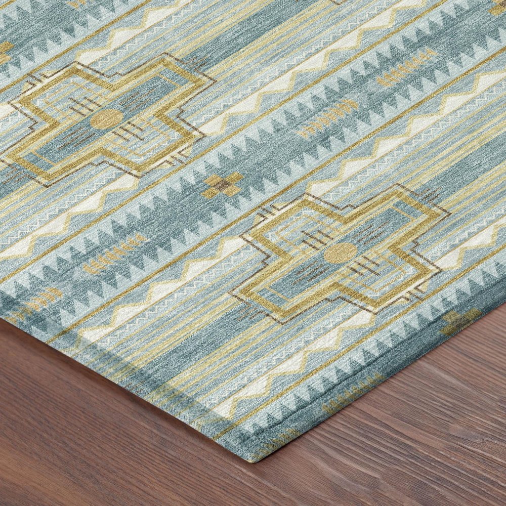 5' X 8' Teal Blue And Gold Tribal Washable Indoor Outdoor Area Rug — view 2