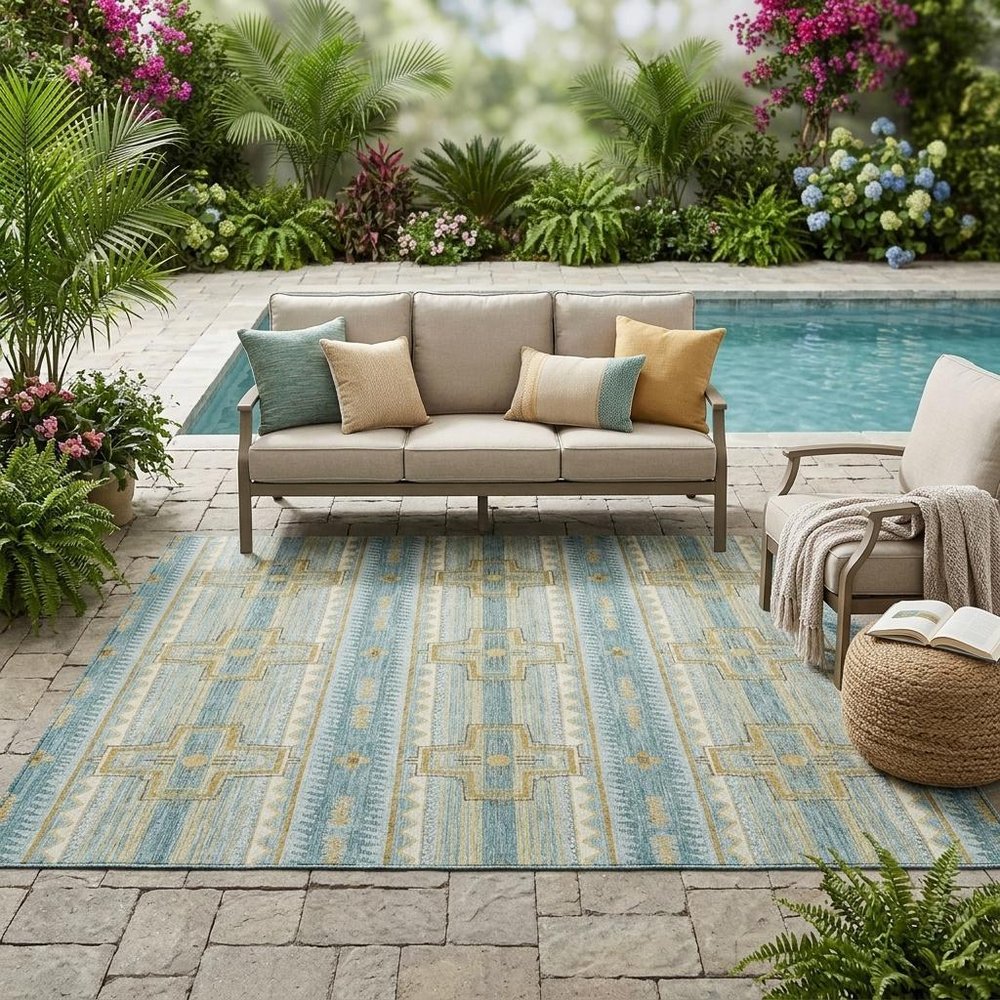 5' X 8' Teal Blue And Gold Tribal Washable Indoor Outdoor Area Rug — view 7
