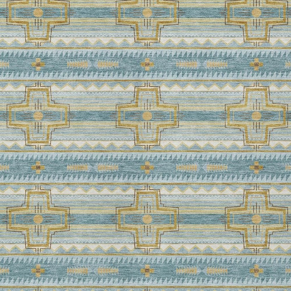 10' X 14' Teal Blue And Gold Tribal Washable Indoor Outdoor Area Rug — view 4