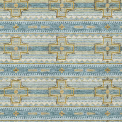 10' X 14' Teal Blue And Gold Tribal Washable Indoor Outdoor Area Rug HomeRoots