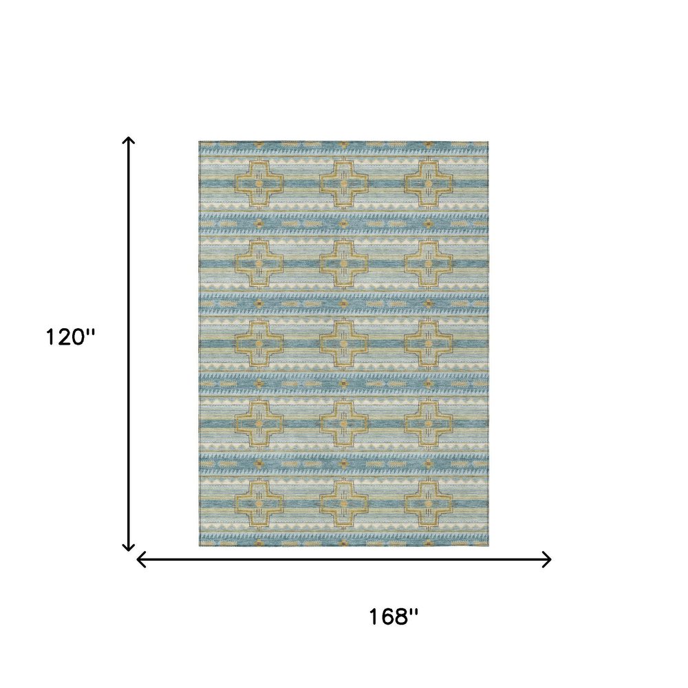 10' X 14' Teal Blue And Gold Tribal Washable Indoor Outdoor Area Rug HomeRoots