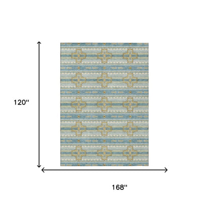 10' X 14' Teal Blue And Gold Tribal Washable Indoor Outdoor Area Rug HomeRoots