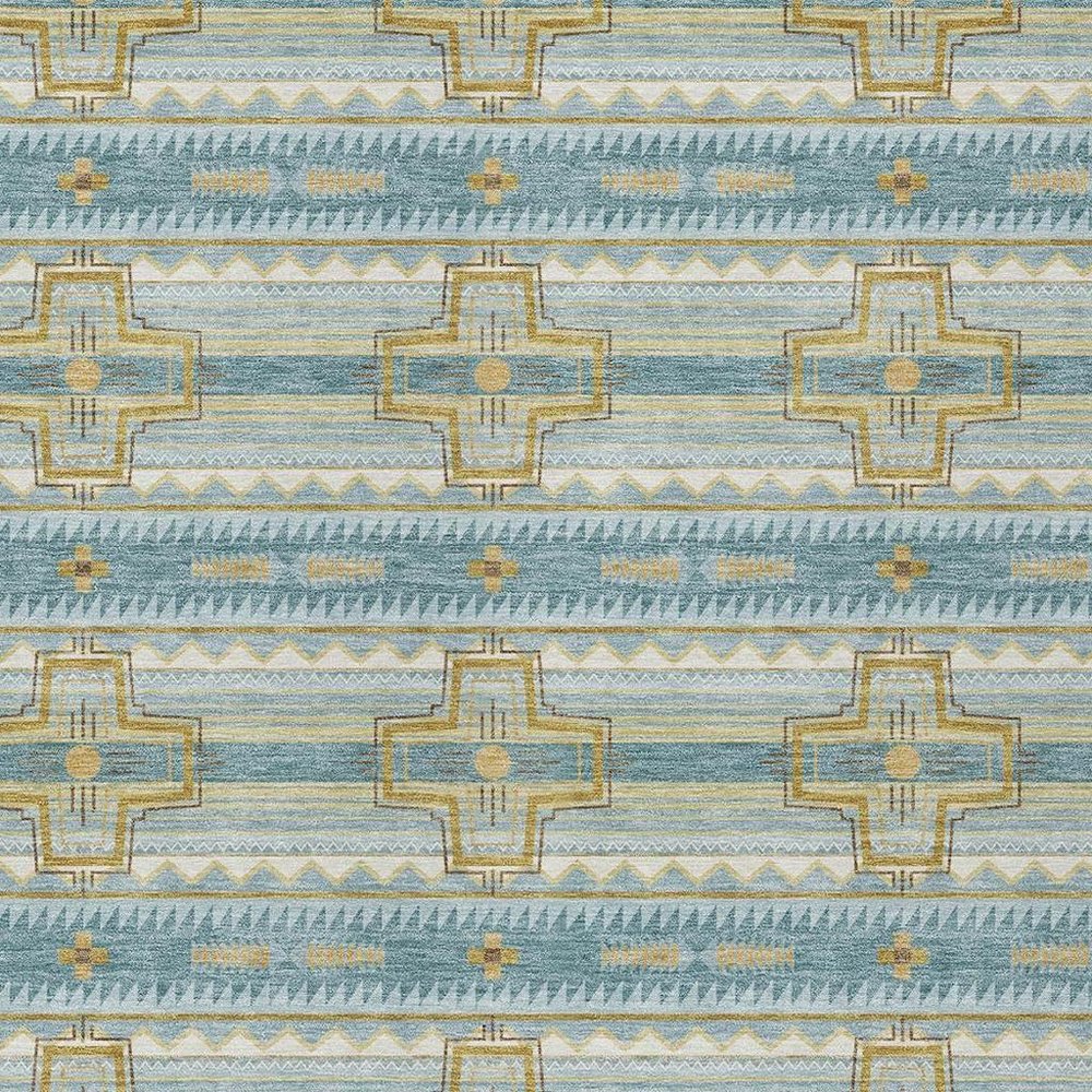 10' X 14' Teal Blue And Gold Tribal Washable Indoor Outdoor Area Rug — view 8