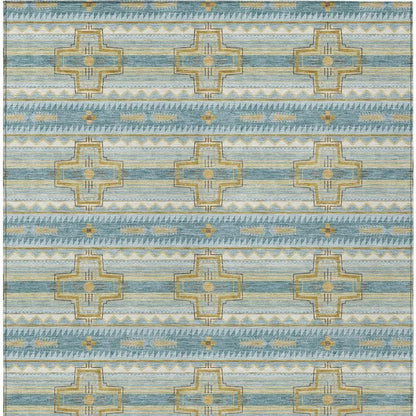 10' X 14' Teal Blue And Gold Tribal Washable Indoor Outdoor Area Rug HomeRoots