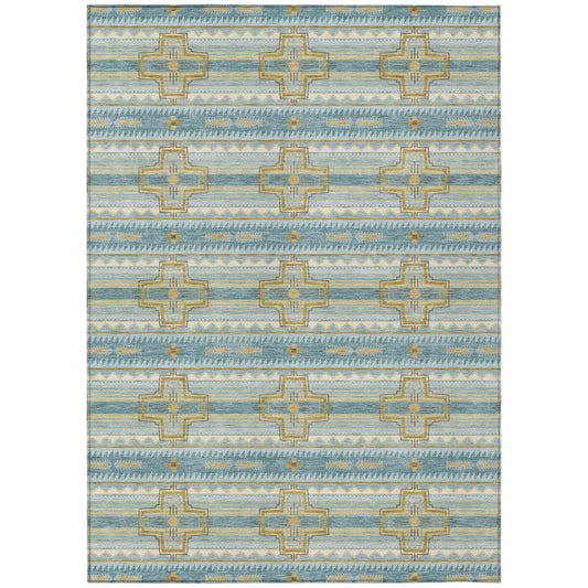 10' X 14' Teal Blue And Gold Tribal Washable Indoor Outdoor Area Rug
