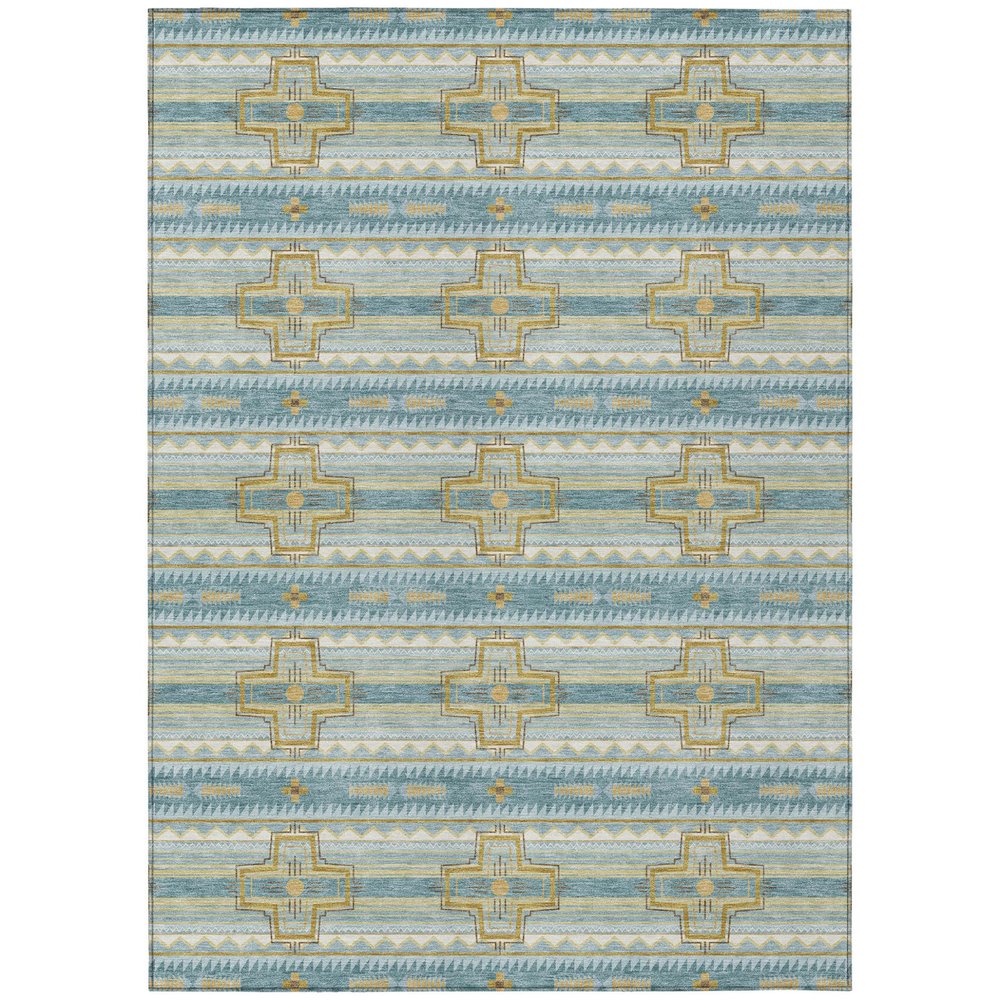10' X 14' Teal Blue And Gold Tribal Washable Indoor Outdoor Area Rug — view 1