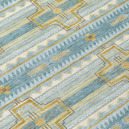 10' X 14' Teal Blue And Gold Tribal Washable Indoor Outdoor Area Rug HomeRoots