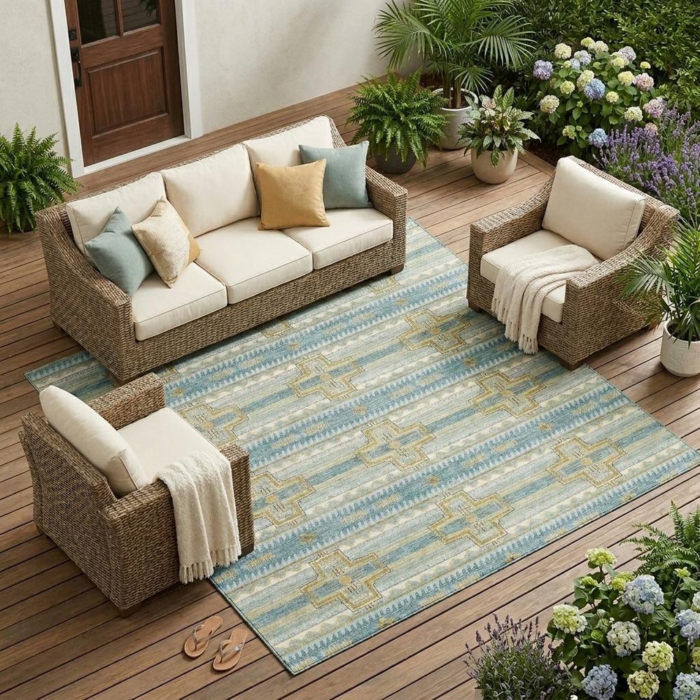 10' X 14' Teal Blue And Gold Tribal Washable Indoor Outdoor Area Rug HomeRoots