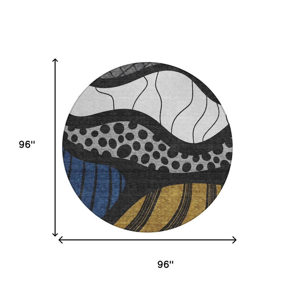 8' Black And Khaki Round Abstract Washable Indoor Outdoor Area Rug HomeRoots