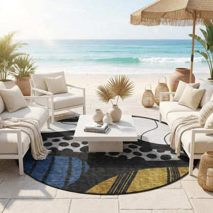 8' Black And Khaki Round Abstract Washable Indoor Outdoor Area Rug