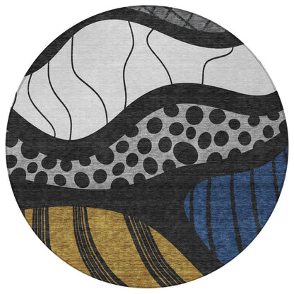 8' Black And Khaki Round Abstract Washable Indoor Outdoor Area Rug HomeRoots