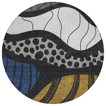 8' Black And Khaki Round Abstract Washable Indoor Outdoor Area Rug