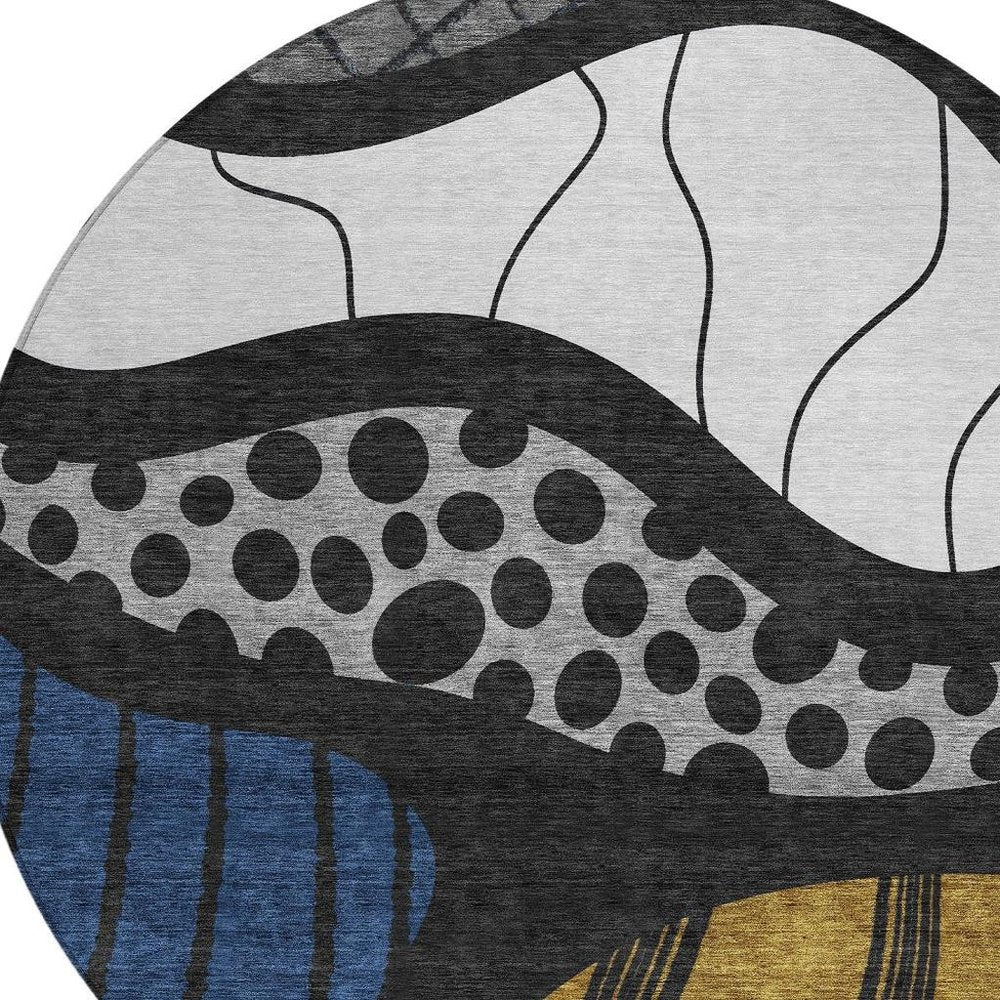8' Black And Khaki Round Abstract Washable Indoor Outdoor Area Rug — view 4