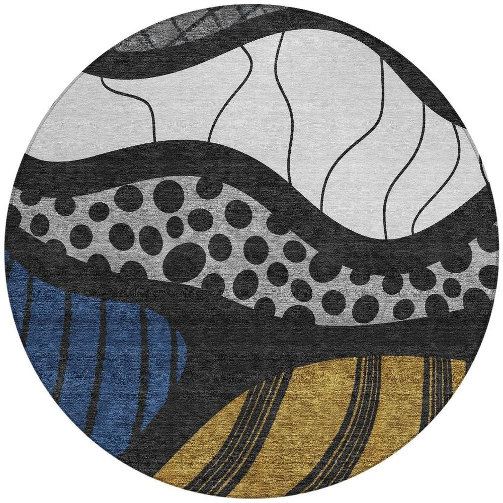 8' Black And Khaki Round Abstract Washable Indoor Outdoor Area Rug — view 5