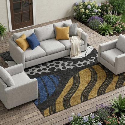 8' X 10' Black And Khaki Abstract Washable Indoor Outdoor Area Rug