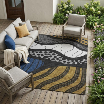 9' X 12' Black And Khaki Abstract Washable Indoor Outdoor Area Rug