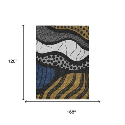 10' X 14' Black And Khaki Abstract Washable Indoor Outdoor Area Rug
