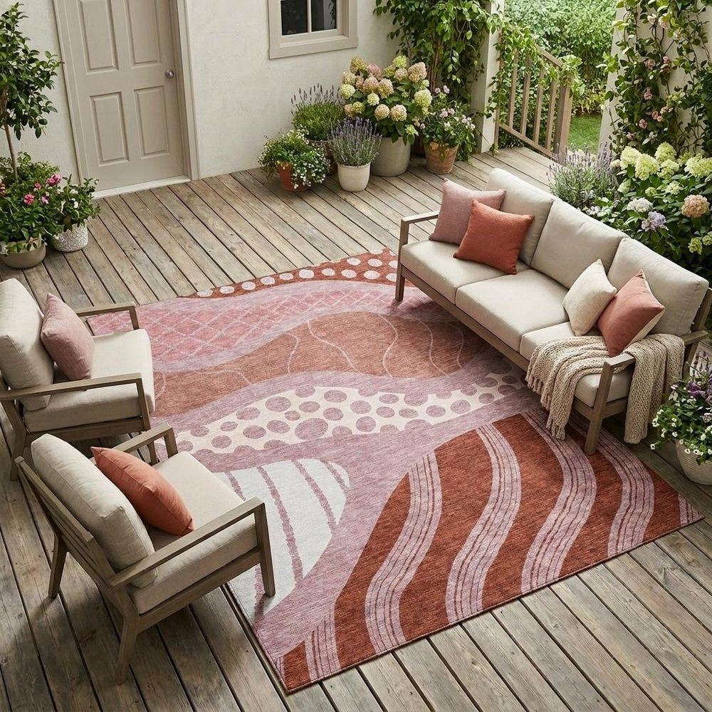 10' X 14' Blush And Brown Abstract Washable Indoor Outdoor Area Rug — view 7