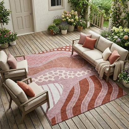 10' X 14' Blush And Brown Abstract Washable Indoor Outdoor Area Rug