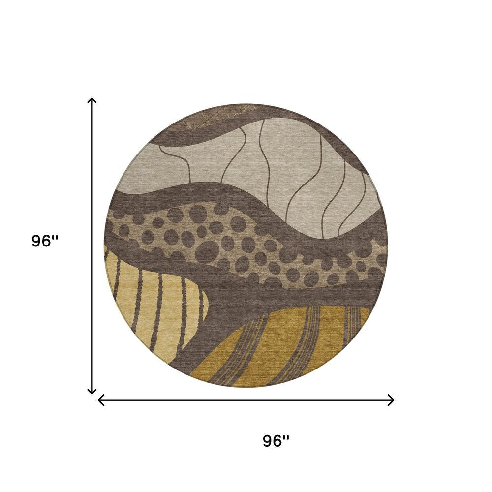 8' Brown And Gold Round Abstract Washable Indoor Outdoor Area Rug — view 6