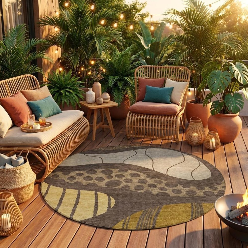 8' Brown And Gold Round Abstract Washable Indoor Outdoor Area Rug — view 7