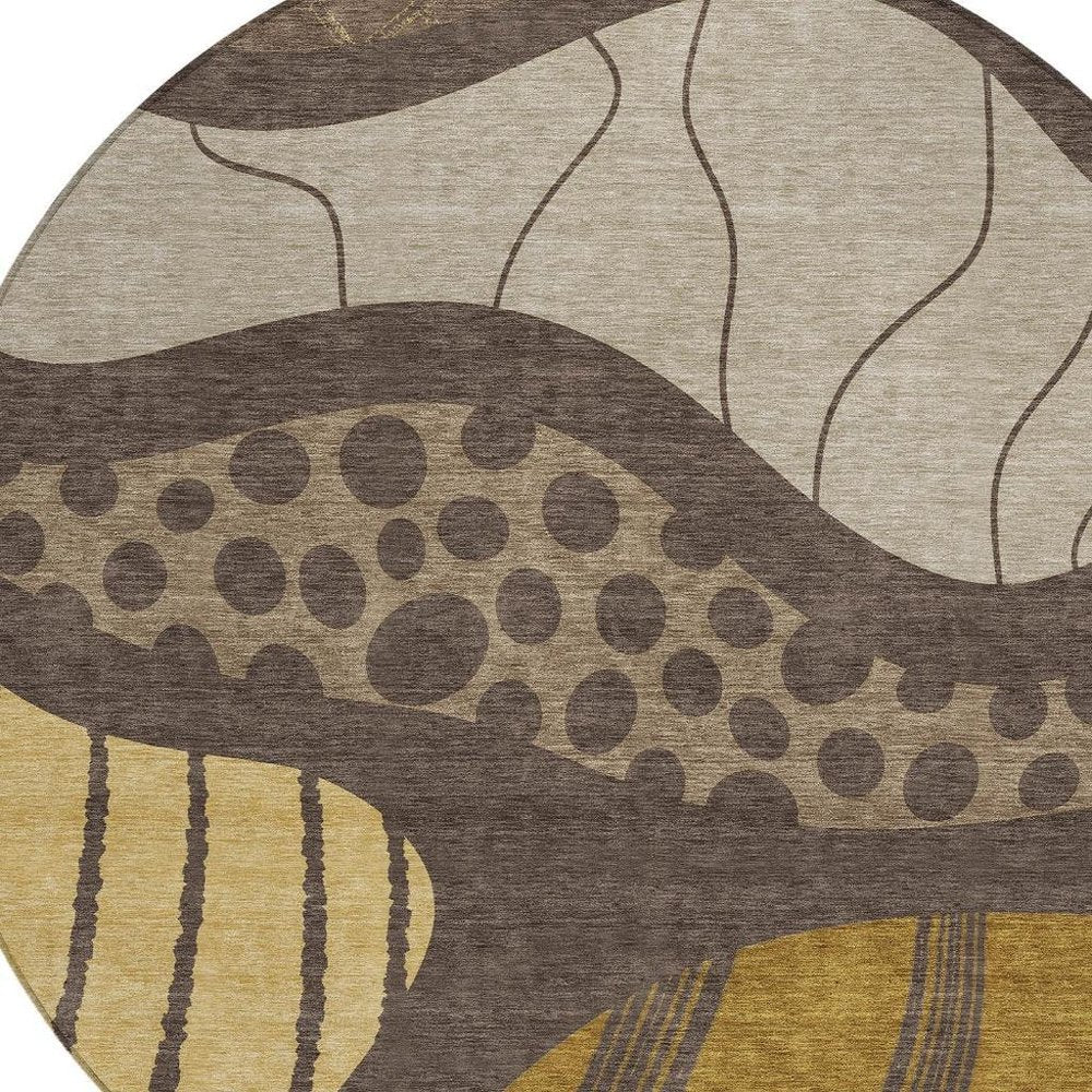 8' Brown And Gold Round Abstract Washable Indoor Outdoor Area Rug — view 8