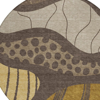 8' Brown And Gold Round Abstract Washable Indoor Outdoor Area Rug HomeRoots