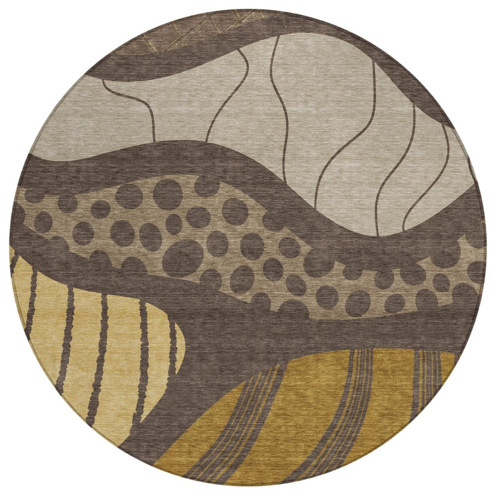 8' Brown And Gold Round Abstract Washable Indoor Outdoor Area Rug HomeRoots