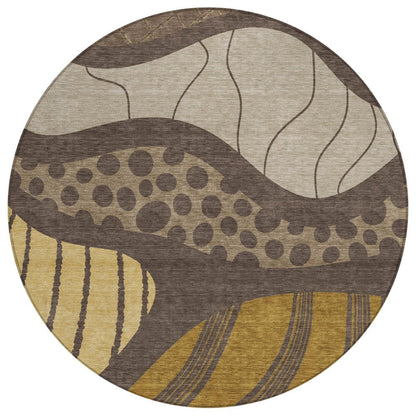 8' Brown And Gold Round Abstract Washable Indoor Outdoor Area Rug HomeRoots