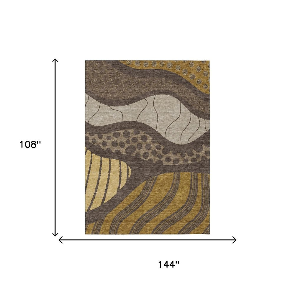 9' X 12' Brown And Gold Abstract Washable Indoor Outdoor Area Rug — view 6