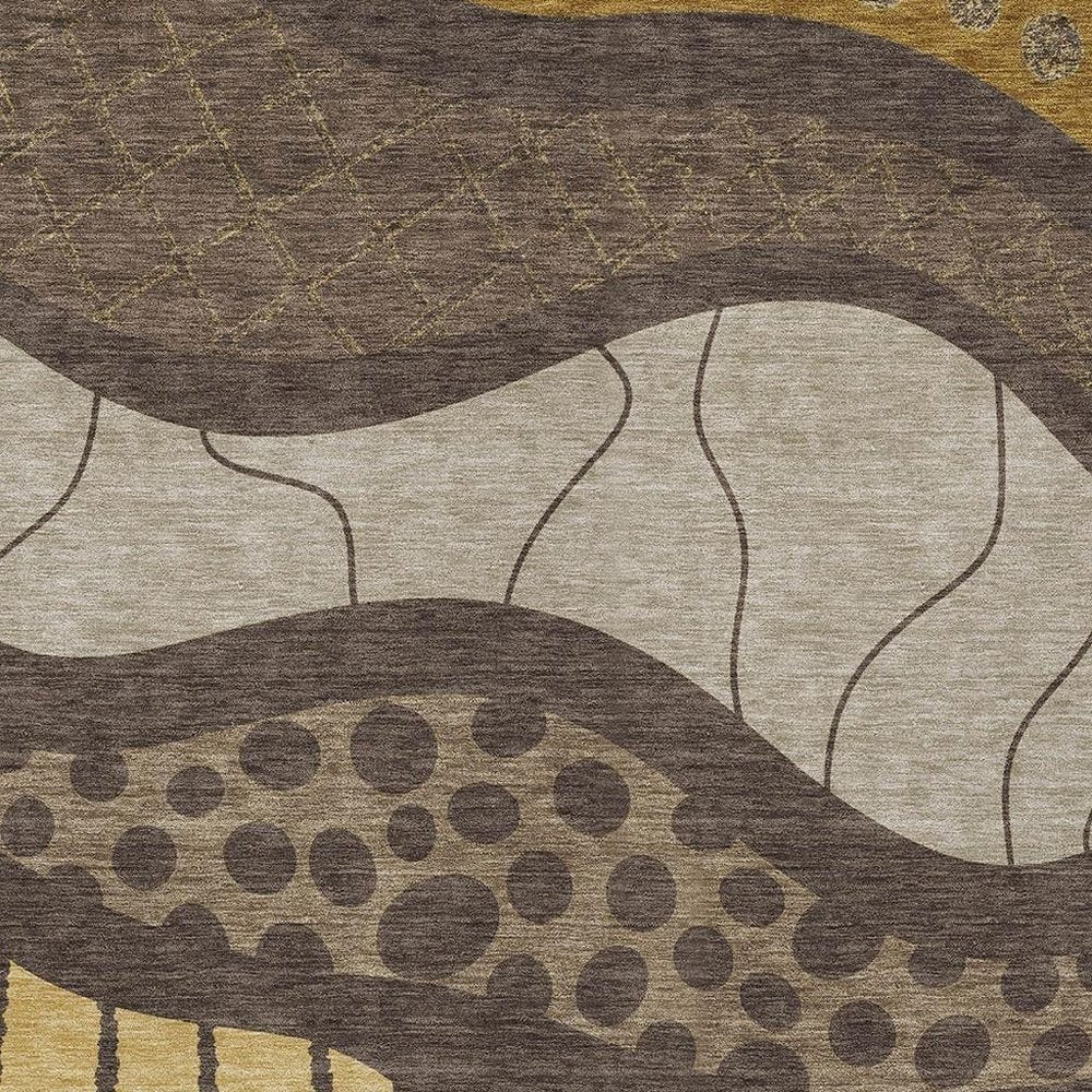 9' X 12' Brown And Gold Abstract Washable Indoor Outdoor Area Rug — view 8