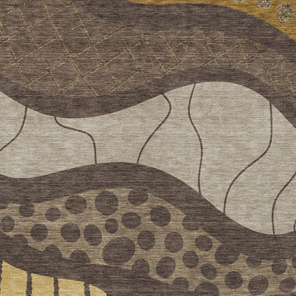 9' X 12' Brown And Gold Abstract Washable Indoor Outdoor Area Rug
