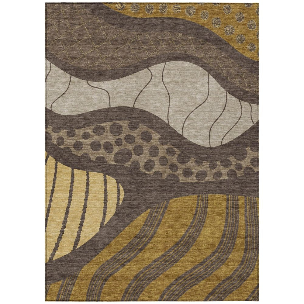 9' X 12' Brown And Gold Abstract Washable Indoor Outdoor Area Rug — view 1