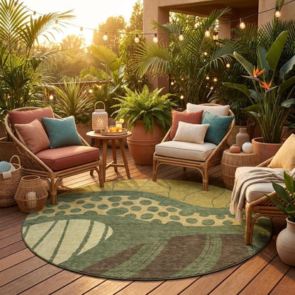 8' Olive Green And Blue Round Abstract Washable Indoor Outdoor Area Rug HomeRoots
