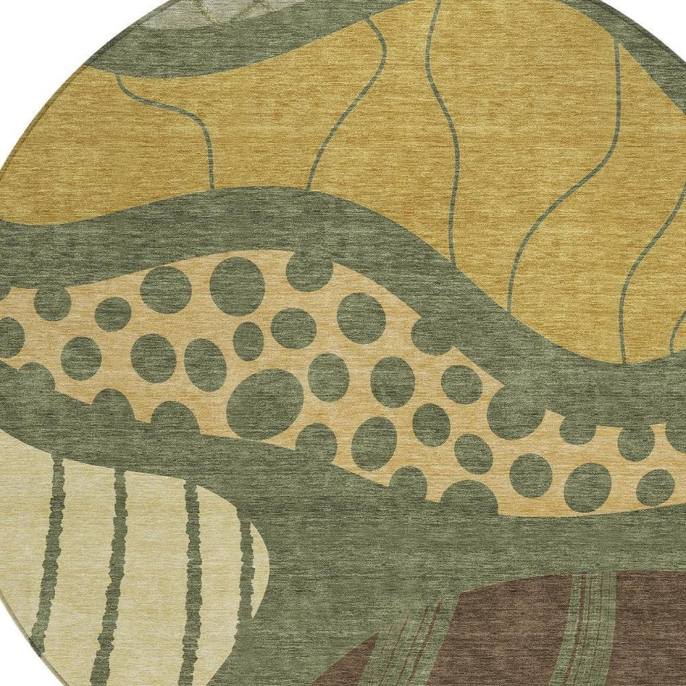 8' Olive Green And Blue Round Abstract Washable Indoor Outdoor Area Rug — view 8