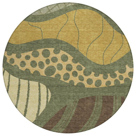 8' Olive Green And Blue Round Abstract Washable Indoor Outdoor Area Rug