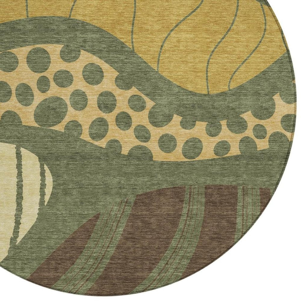 8' Olive Green And Blue Round Abstract Washable Indoor Outdoor Area Rug — view 4