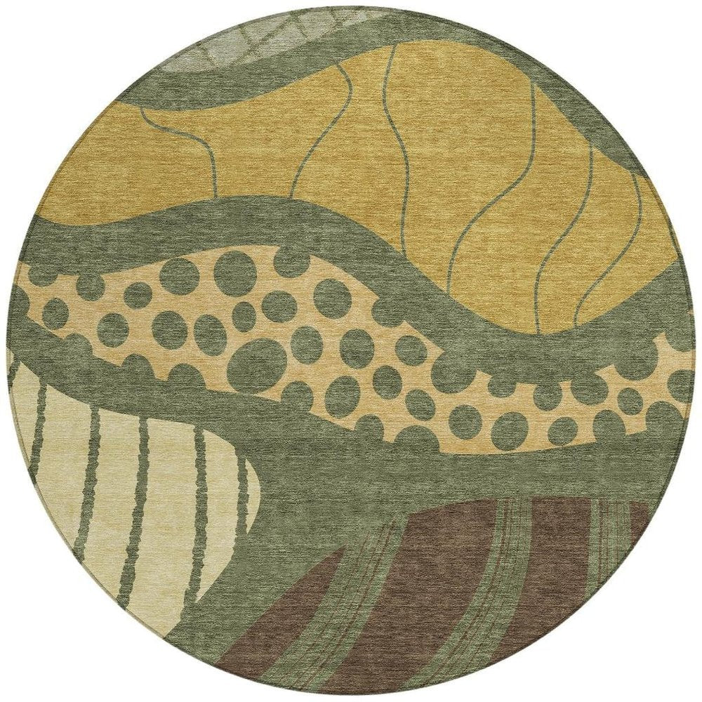 8' Olive Green And Blue Round Abstract Washable Indoor Outdoor Area Rug — view 5